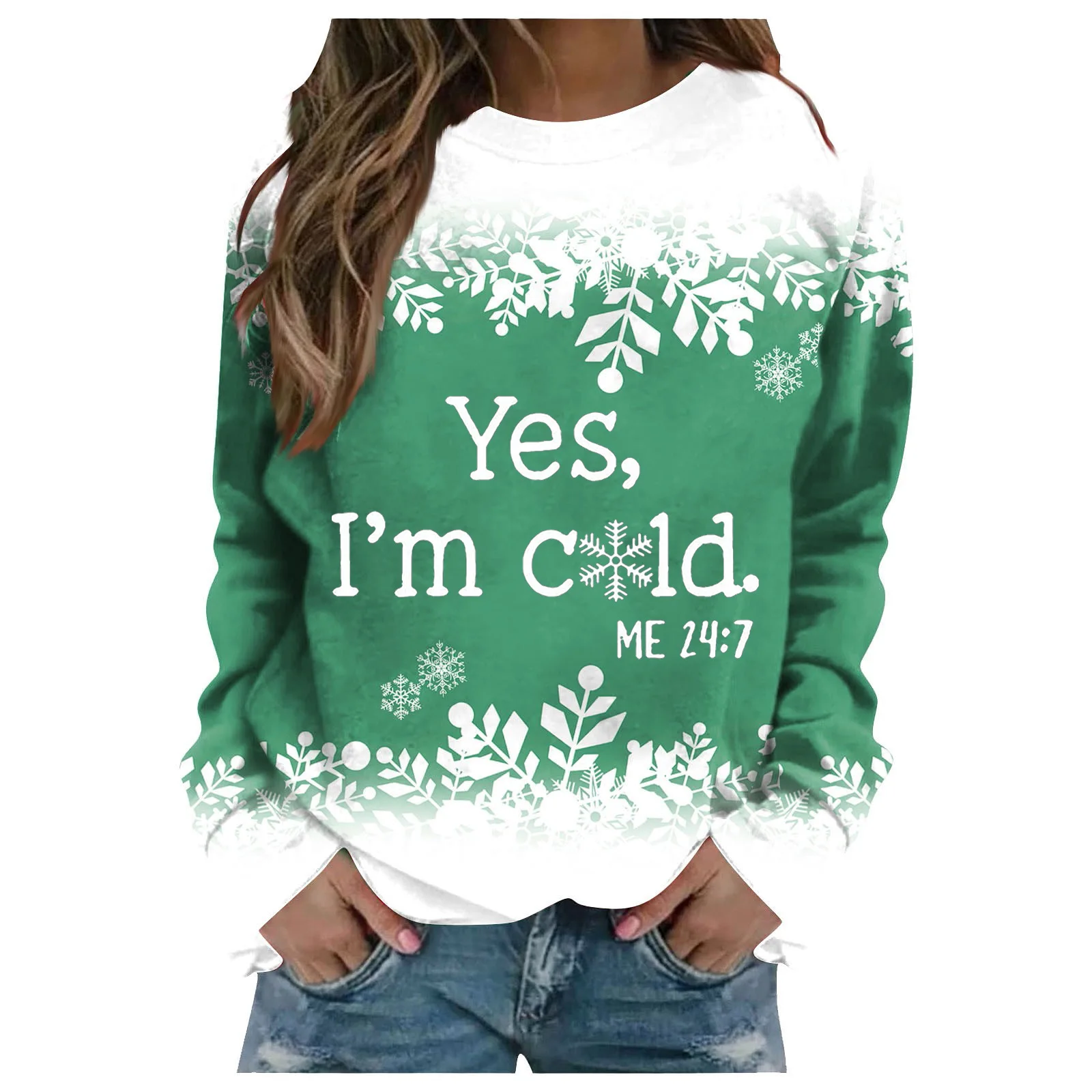 

Harajuku Christmas Green Print Pullover Tops Autumn Women O Neck Sweatshirt Long-sleeved Streetwear