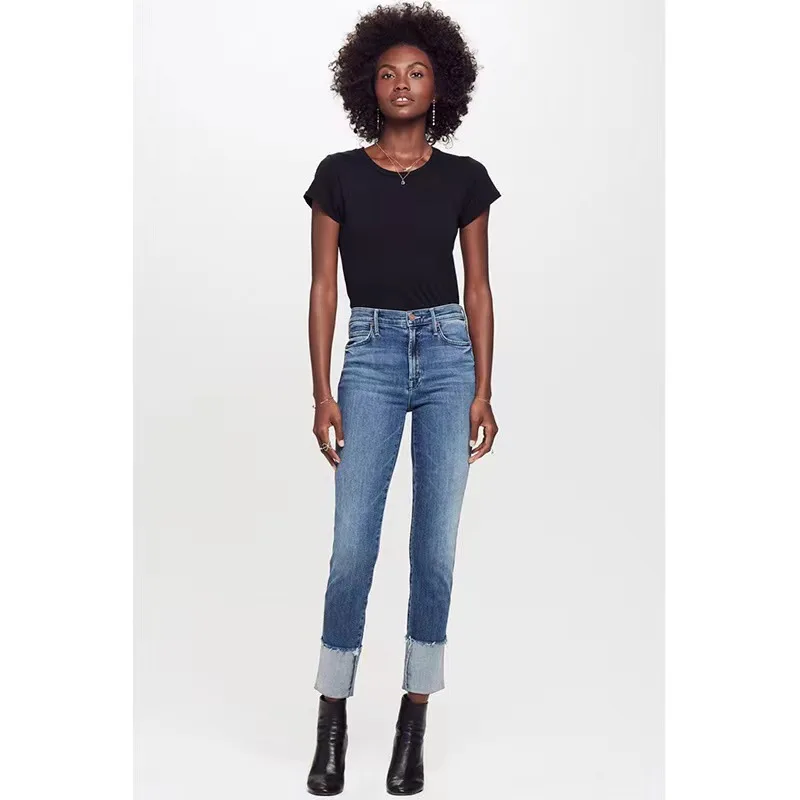 Dave&di Summer Woman Clothes Women's Denim Pants High-waisted Deep Blue Slim-fit Straight-leg Cropped Fisherman Jeans For Women