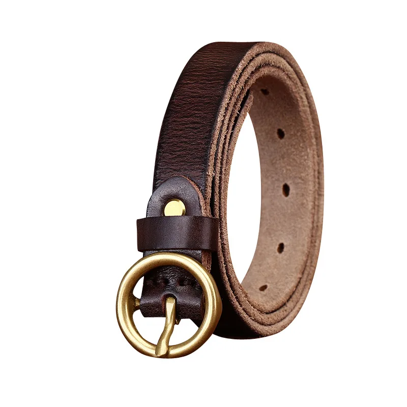 

2.3CM wide retro washed hair layer cowhide round buckle belt for women's leather casual versatile jeans belt for women