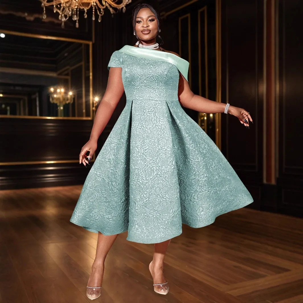 African Dresses for Women Jacquard A Line Slant Collar Party Event Wedding Guest Birthday Occasion Female Gowns Lovely Prom