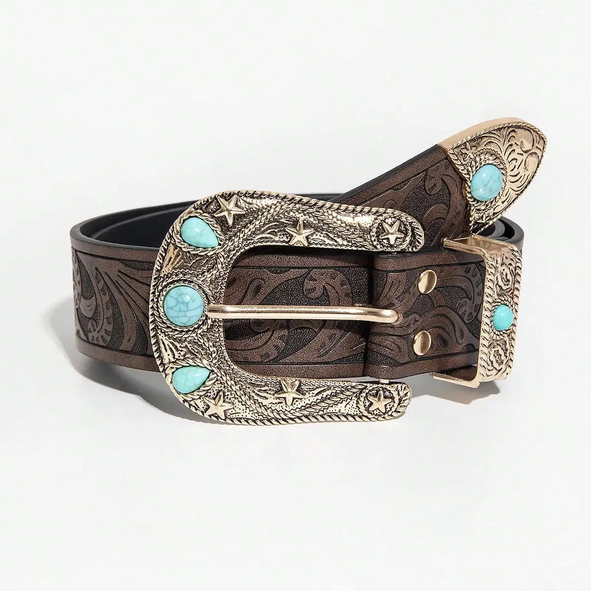 1pc women's Western-style brown belt, vintage carved buckle versatile jeans belt, suitable for daily commuting