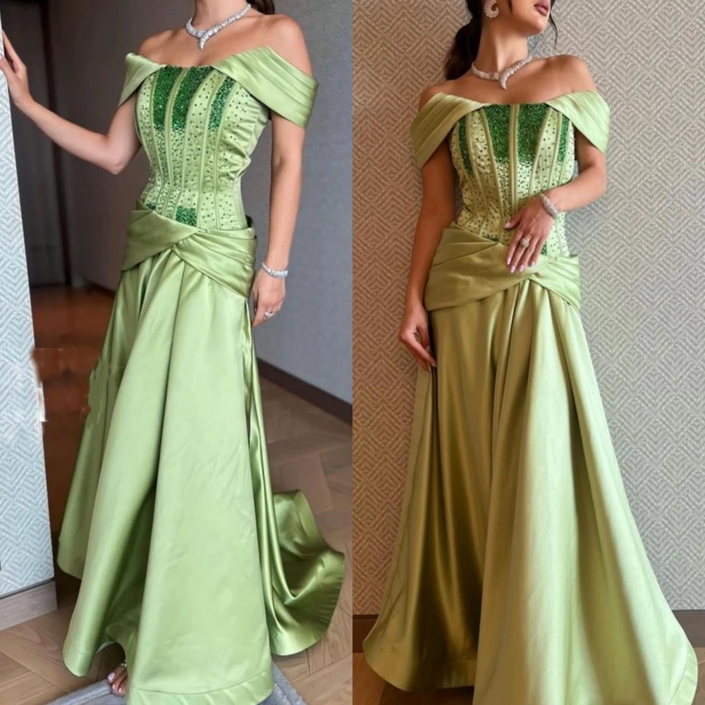 

Fashion High Quality Off-the-shoulder A-line Floor Length Evening Dresses Paillette / Sequins Satin robe pour cérémonie mariage