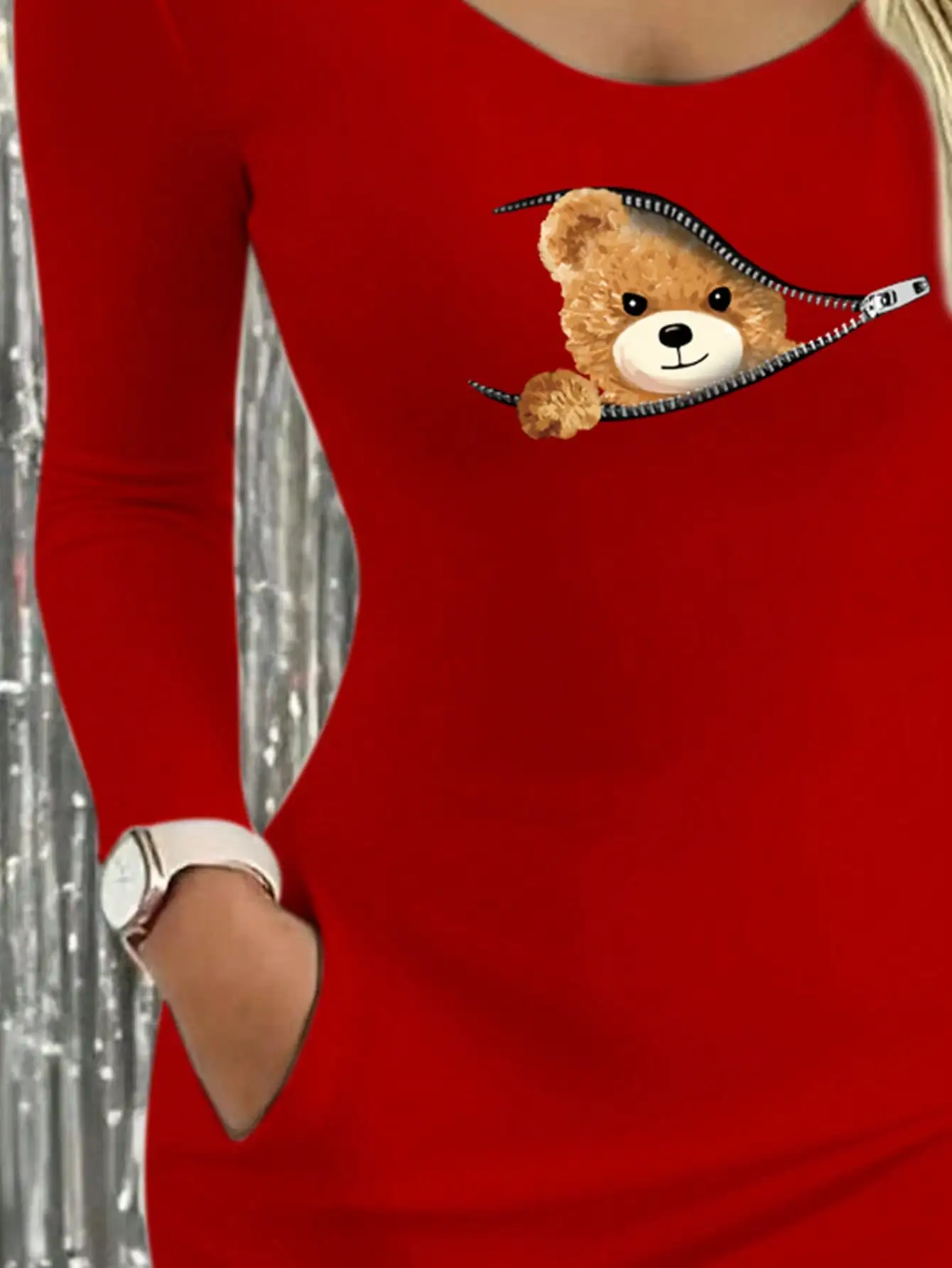 2026 Damen Freizeitkleid, elegant, einfarbig, Rundhals, mit Bärenmuster, Reißverschluss, langärmlig, kurzer Rock, ideal für den Alltag und Reisen – Detail 4