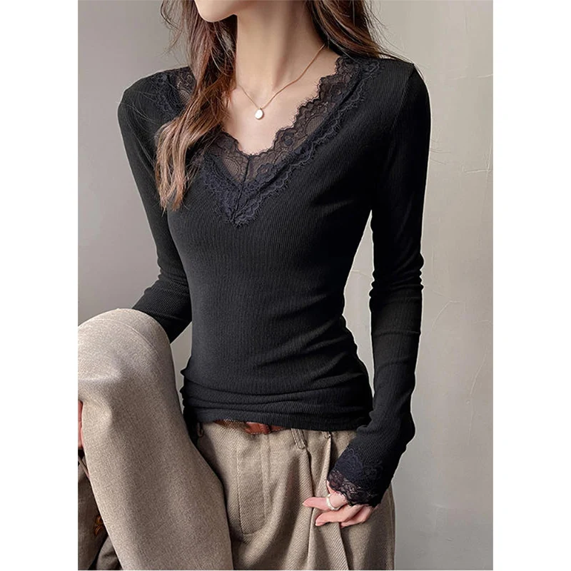  V-Neck Long Sleeve T-Shirt Women Fashion Lace Patchwork Solid Color Bottoming Shirt Spring Autumn Stretch Slimming Base Tee