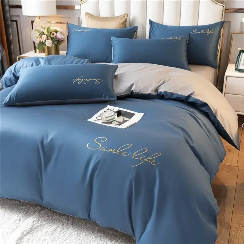 Nordic style bedding four-piece set duvet cover bed sheet pillowcase solid embroidery 4-piece luxury bedclothes king size