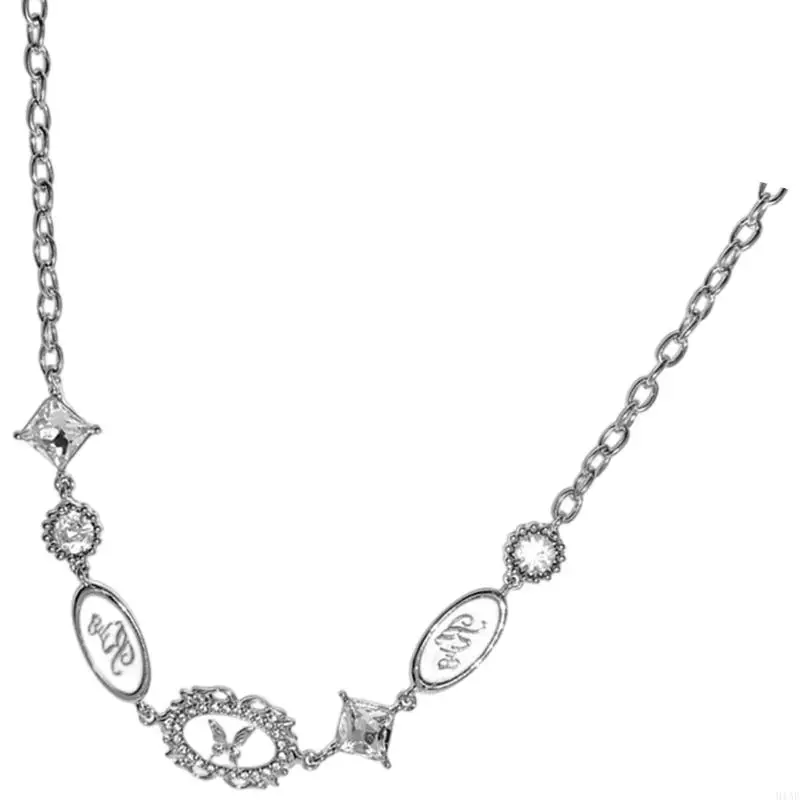 91AF Decorative Butterfly Chain Fashion Jewelry with Silver Tone Finish, White Plaques and Crystal Detail for Daily Styling