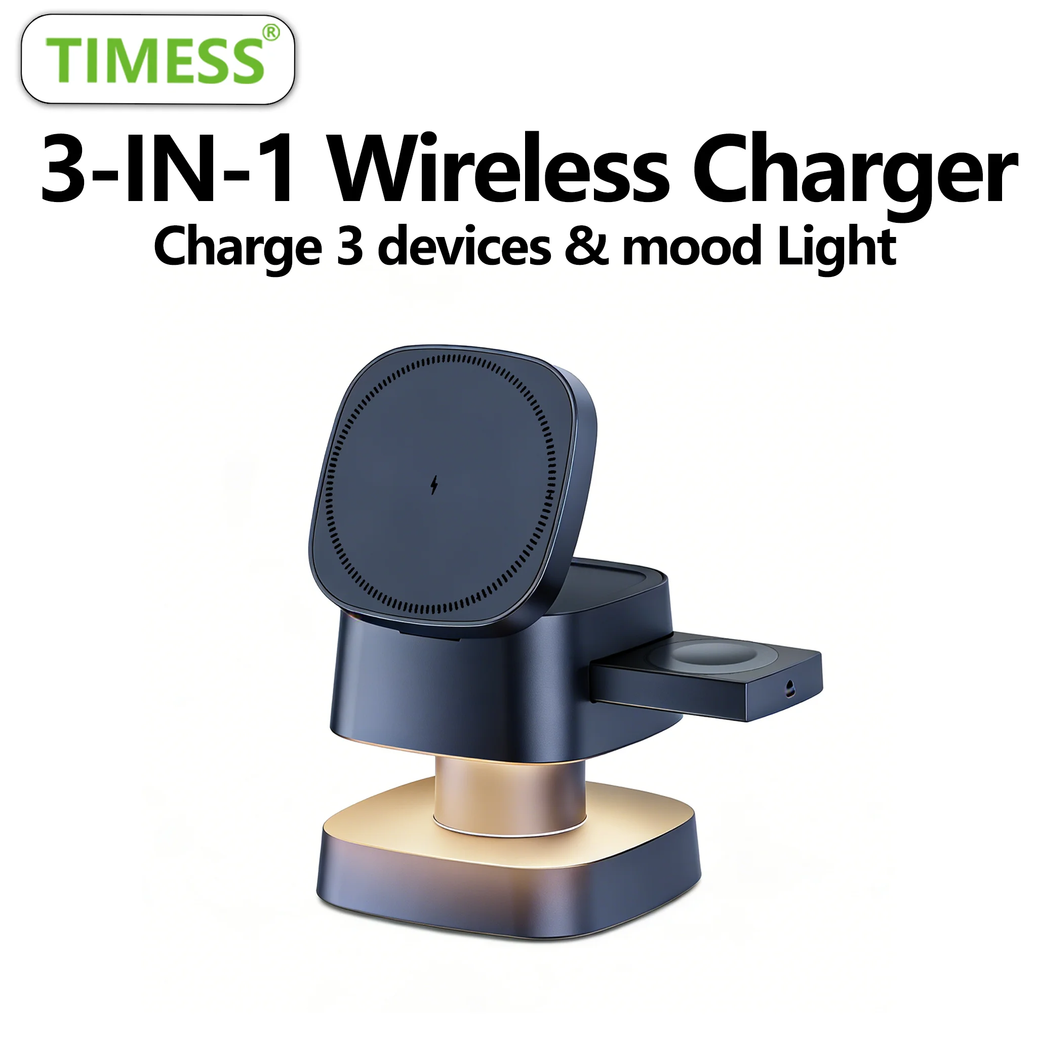 Lámpara Nocturna TIMESS con Cargador Inalámbrico 3 en 1 para iPhone 17, 16, 15, 14 PRO MAX, Airpods y Apple Watch