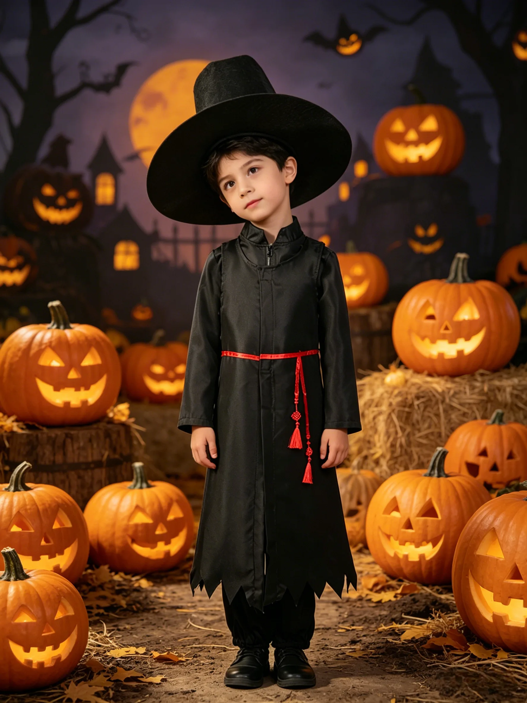 男の子用ブラックローブコスチュームセット、ローブ、パンツ、帽子が含まれます、子供用ハロウィーンをテーマにした衣装