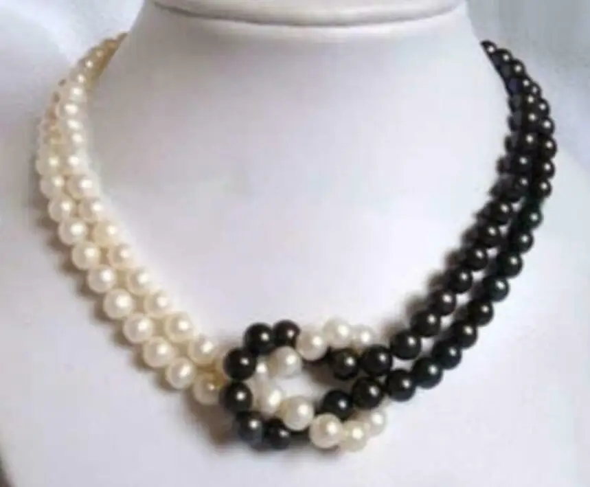 

2 Rows 7-8mm white black Akoya Pearl Necklace 18" 14k