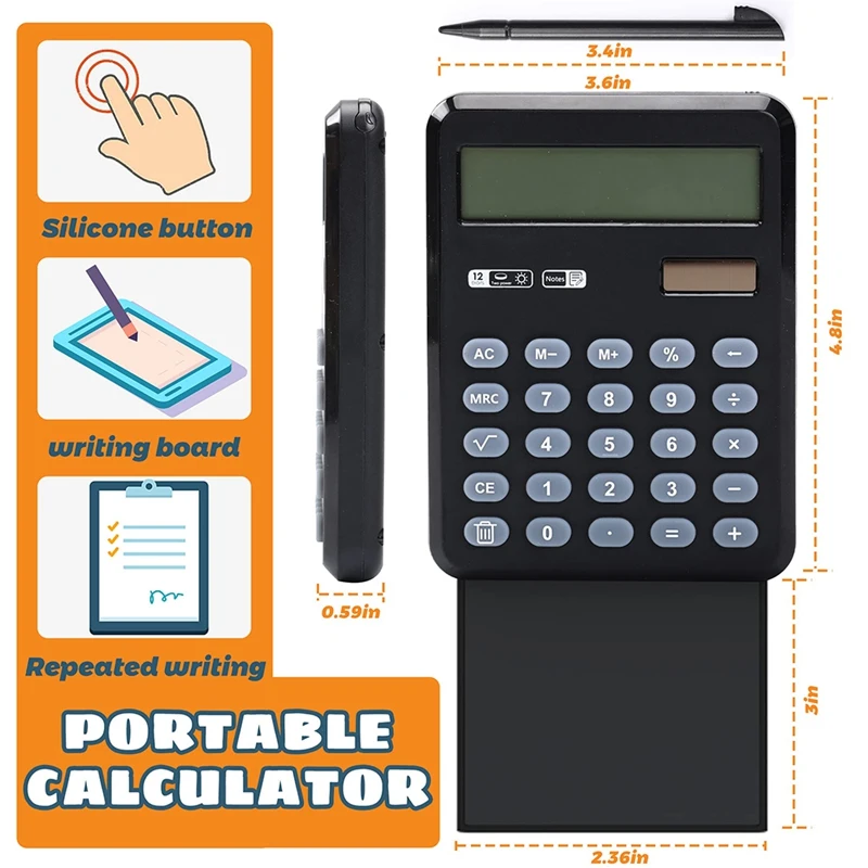 Handwriting Portable Basic Calculator With Writing Pad, 12 Digits Desktop Pocket Calculator For Office Home School Black