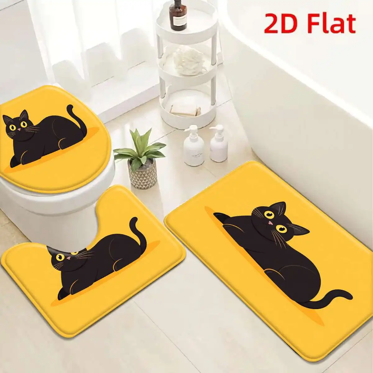 

3Pcs Yellow Black Cat Bath Mat Non Slip Absorbent Toilet Rug with Lid Cover for Bathroom Washable Flannel Base
