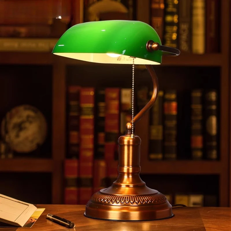 

European Retro Copper Base Pull Cord Switch Table Lamps Green Glass Lampshade Living Room Bedroom Restaurant Office Desk Lights