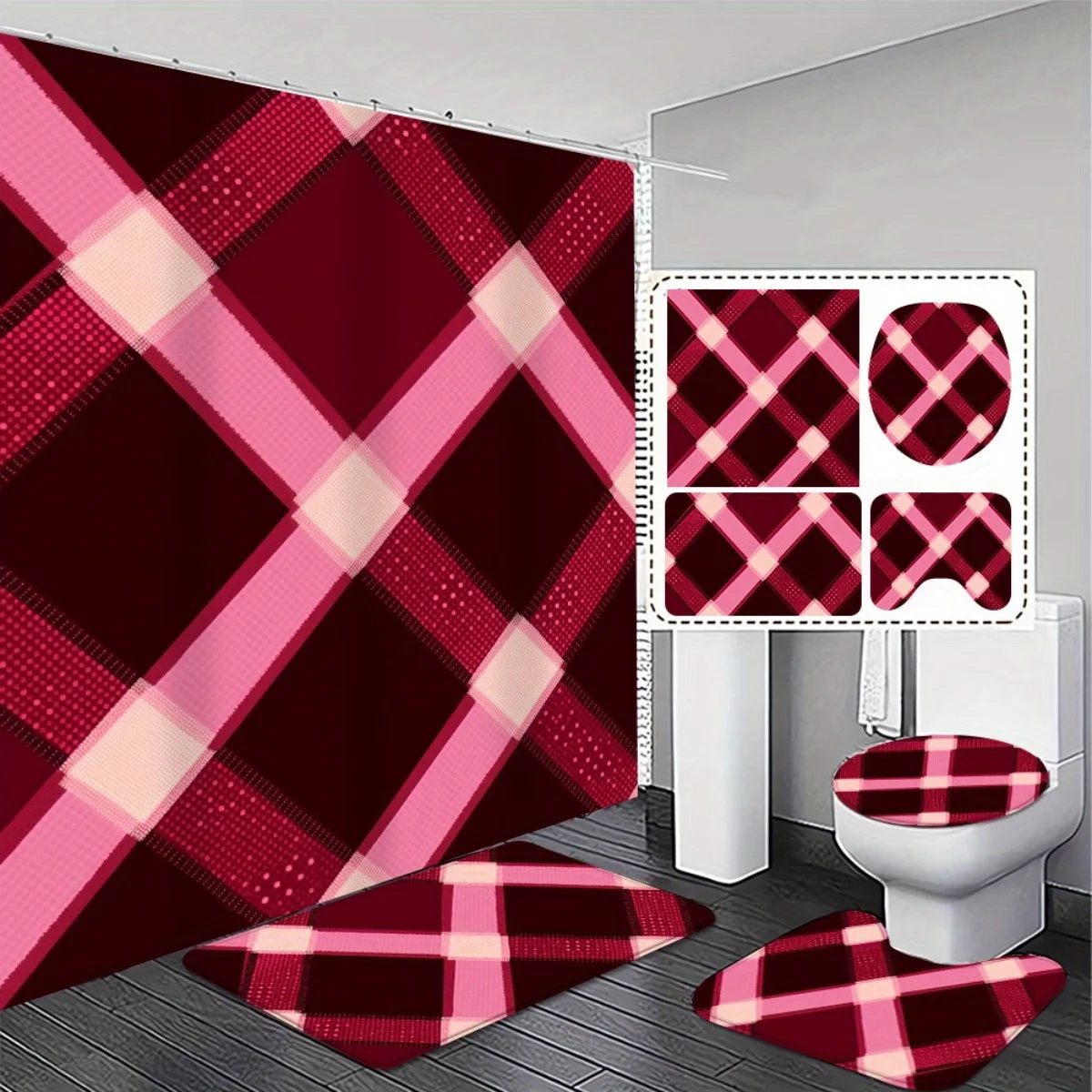 4pcs Luxury Plaid Design Bathroom Set - Non-Slip Water-Absorbent Rugs and 2D FLAT Shower Curtain - Best Choice for Modern