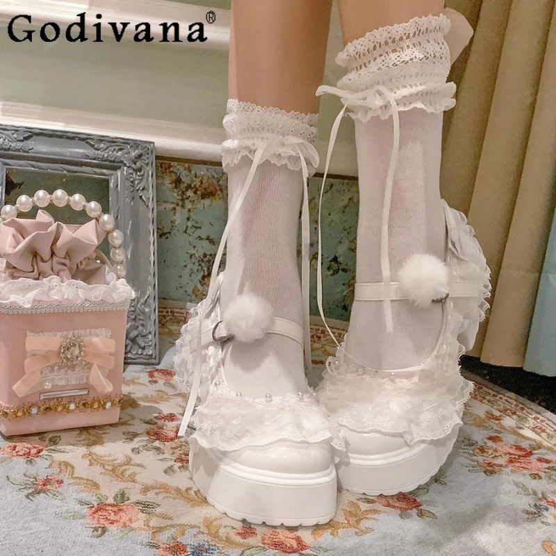 

Round Toe Thick Sole High Heel Pumps Women's Original Sweet Elegant Cake Shoes Female White Lace Bow Mary Jane Shoes