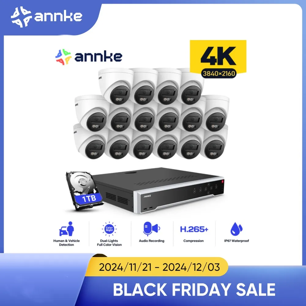 ANNKE 4K Security Camera System,32CH NVR 16 Camera Night Vision Built-in Mic Human Vehicle Detection Outdoor Surveillance Camera