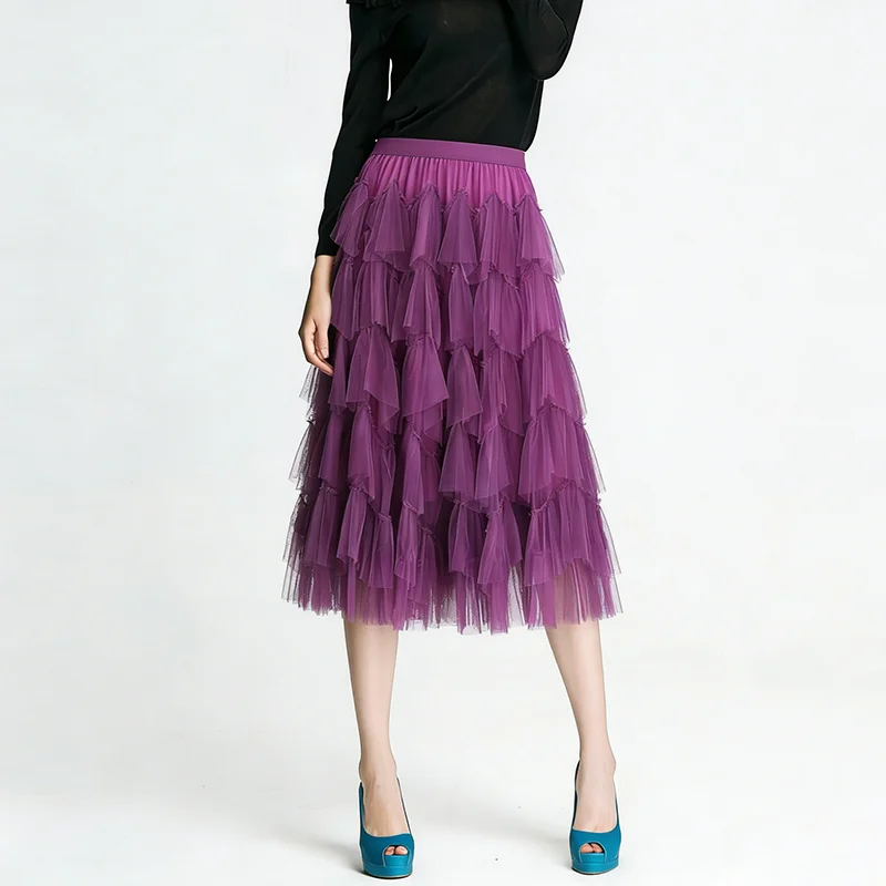 

Medium Length Elastic Mid Waist Splicing Multi-layer Mesh A-line Cake Puffy Skirt For Women PY26020
