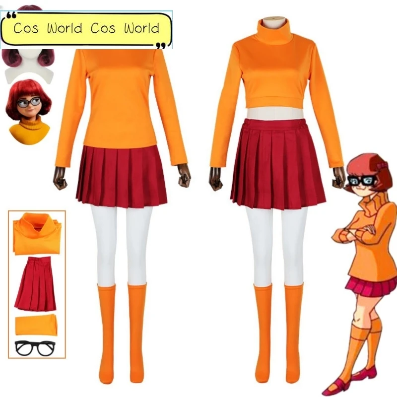 

Anime Velma Seragam Cosplay Kostum Orange Short Skirt Uniform Wanita Oranye Kaus Kaki Rok Atas Halloween Party Carnival Set