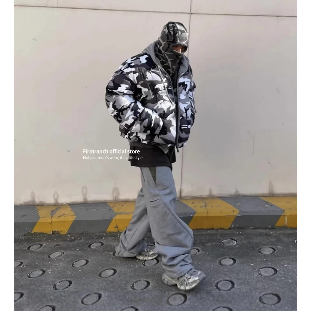 Jaket Berlapis Kapas Firmranch Snow Camouflage Reversible Untuk Pria Wanita Musim Dingin Berkerudung Tebal Model Bread Coat Gaya High Street