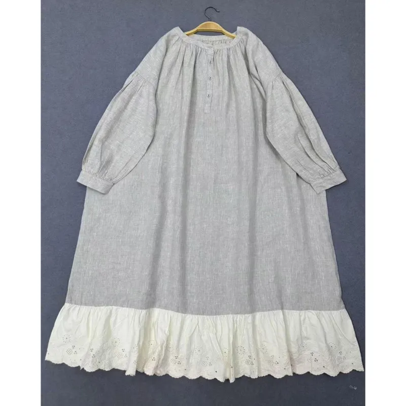 Johnature retro preguiçoso estilo em camadas vestido de linho para mulher novo solto em torno do pescoço vestido longo para o outono 2025