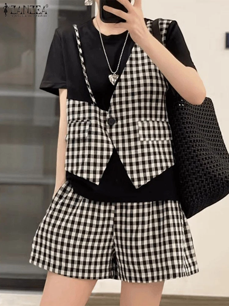 

ZANZEA 2025 Fashion Women Plaid Short Sets Summer 2PCS Casual Short Sleeve Patchwork Tops Elastic Waist Shorts Two-piece Outfits