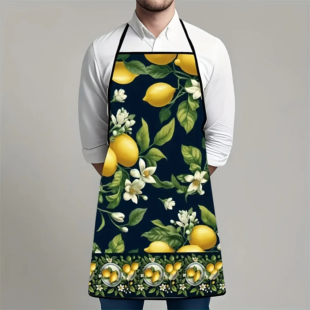 1pc Lemon Print Apron- Durable Polyester Kitchen Apron with Vibrant Lemon& Leaf Design, Stylish Dark Blue Background for Cooking