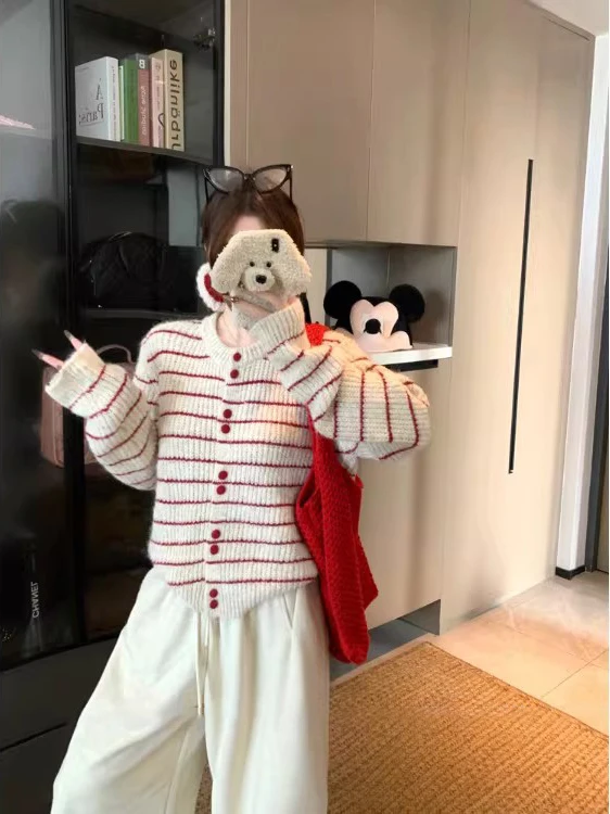 

Мягкий вязаный повседневный свободный женский свитер с круглым вырезом в полоску, теплый осенне-зимний кардиган, удобная дышащая верхняя одежда