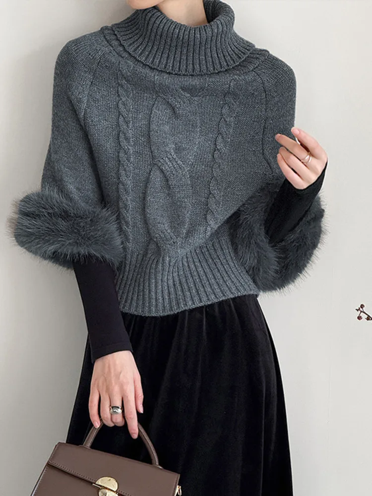 WHTREND شتاء جديد متعدد ارتداء خارج الكتف صوف الأغنام يشعر عالية الرقبة سترة الفراء الأكمام بلوفر مغزول WH2238 #4