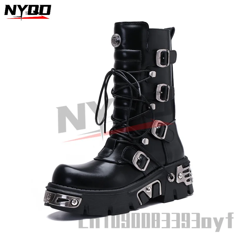 Retro High Boots for Men's and Women's Metal Motorcycle Boots Workwear Rock Thick Soled Boots Motorbike Racing Shoes