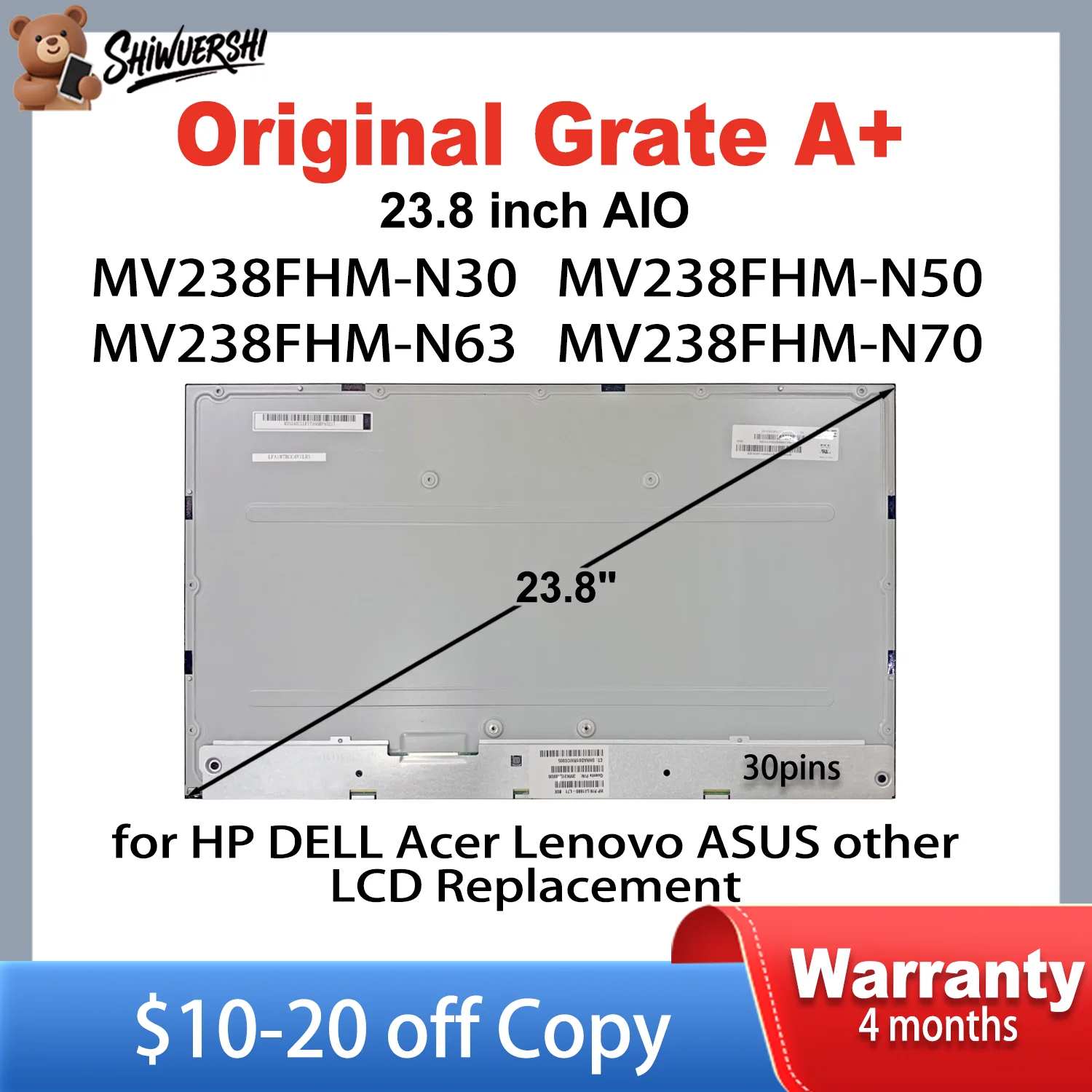 

Новая оригинальная модель ЖК-экрана MV238FHM-N30 MV238FHM-N50 MV238FHM-N63 MV238FHM-N70 N30 IPS 1920*1080 FHD