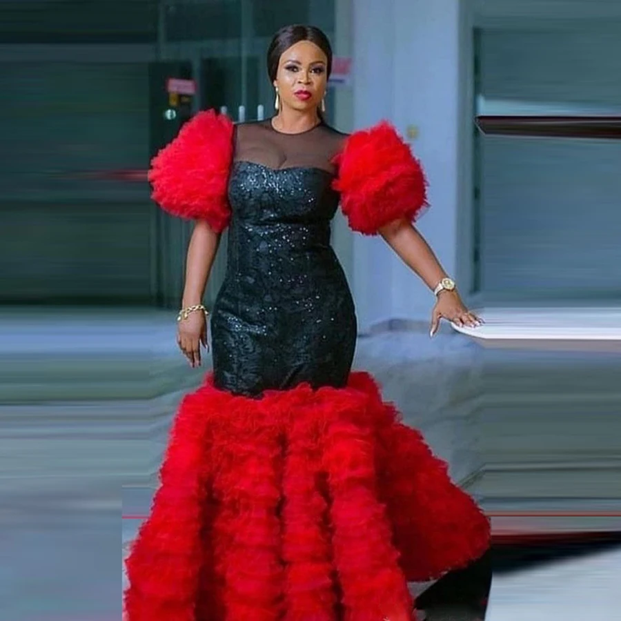 Aso Ebi Mermaid Prom Dresses Ruched Tulle Puffy Short Sleeves Evening Gowns Red And Black Women Formal Occasion Party Dress