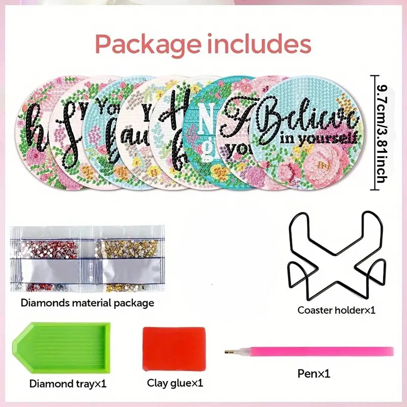 8 pieces/set of DIY coasters with text patterns, diamond paintings, and brackets, suitable for beginners, art and craft gifts