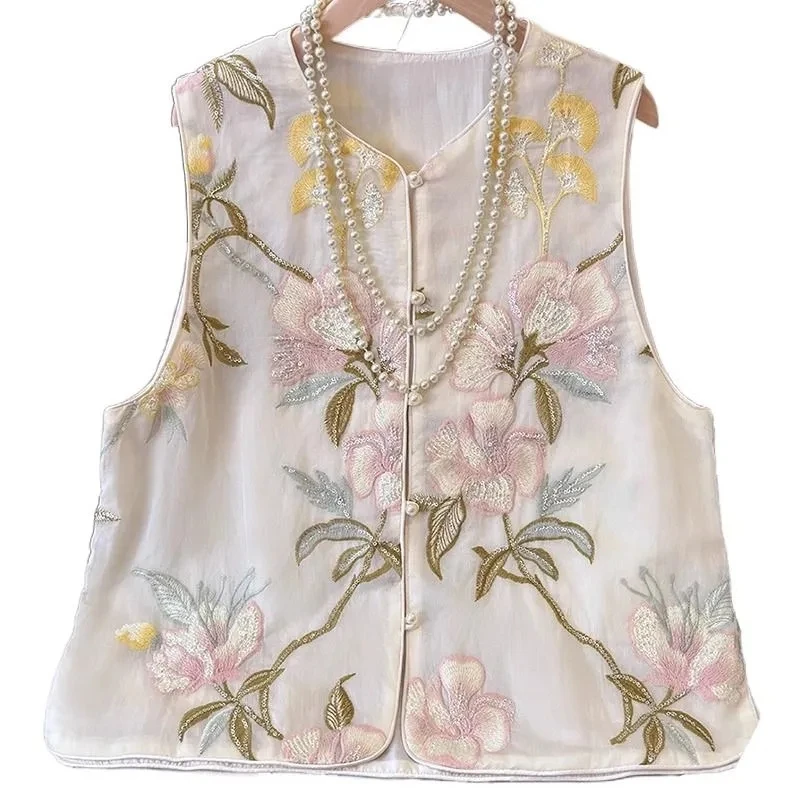 New High-end Unique Round Collar Vest Chinese Fashion Embroidery Vest Jacket Women Retro Sleeveless Tang Suit Sleeveless Vest