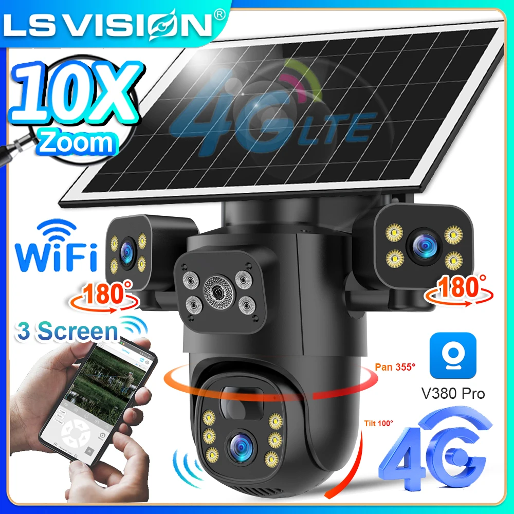 

LS VISION 4G Солнечная камера 10-кратный оптический зум Трехэкранная 15-мегапиксельная уличная Wi-Fi камера безопасности Обнаружение человека Автоматическое отслеживание V380 Pro