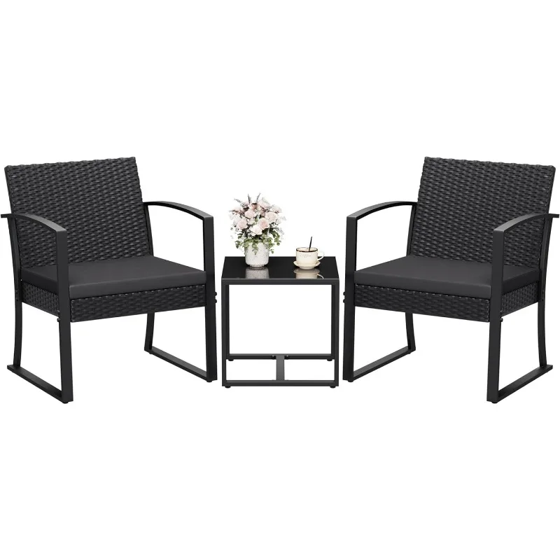 

Resin 3 Pieces Patio Furniture Set, Outdoor Bistro Set with Cushions and Glass Table, Conversation Set Rattan Chair for P