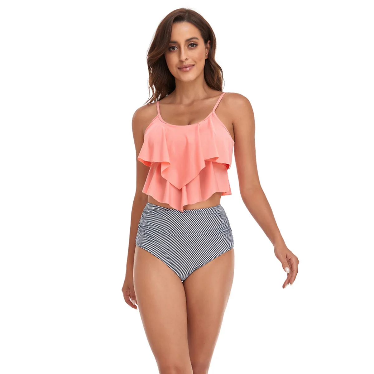 

Bathing Suit Women European And American Swimwear Sexy Tight High Elastic Backless Shoulder Strap Ruffle Edge Women's Split Swim