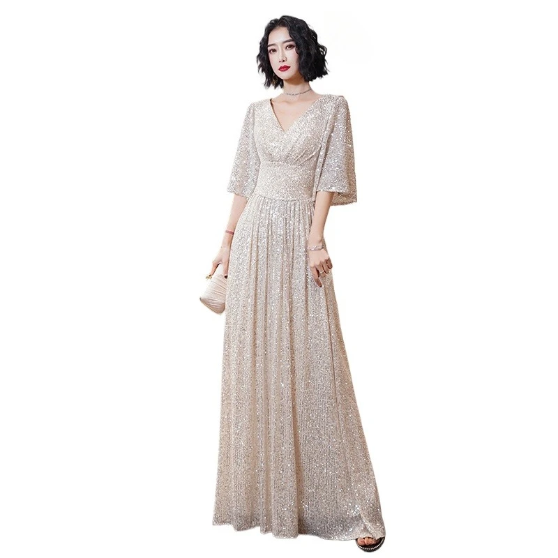 

Потрясающее вечернее платье с V-образным вырезом, расшитое пайетками, с короткими рукавами, серебристое