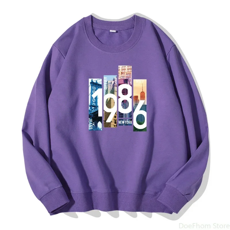 Spring Autumn Women Pullovers New Nostalgic US Buildings 1986 Sweatshirt Girl Pure Cotton Hoodies Long Sleeve Tops