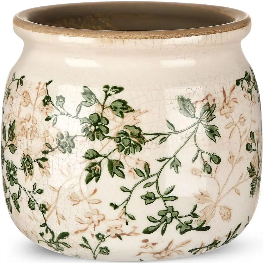 

7.7 Large Ceramic Plant Pot Beige Green Jasmine Vine Crackle Glaze Rustic Flowers Pot Decorative Planter with Drainage for Indoo