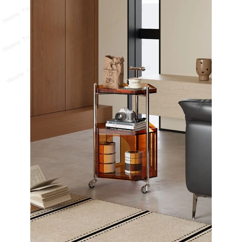 Acrylic light luxury mobile trolley, living room sofa side few medieval storage coffee table home retro