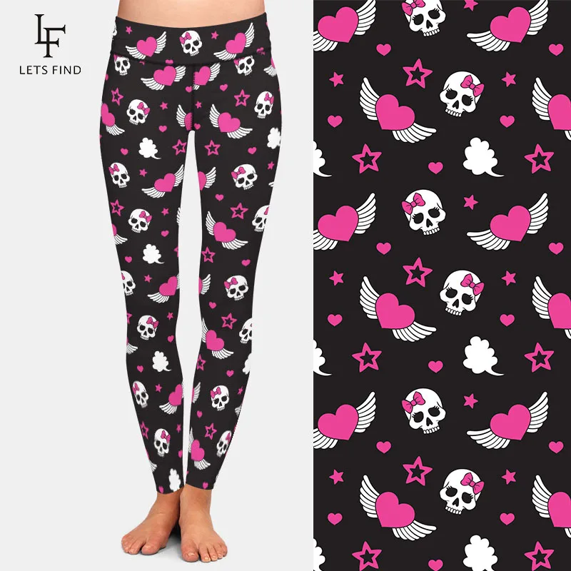 LETSFIND Legging Wanita Motif Digital Sayap Hati dan Tengkorak 3D Legging Seksi Elastis Ramping Kebugaran Pinggang Tinggi