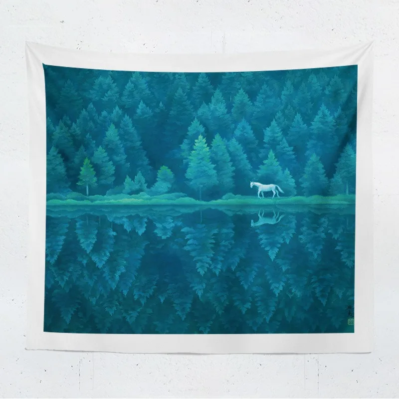 

Blue Forest White Horse Tapestry Nature Landscape Wall Hanging Polyester Background Cloth for Bedroom Living Room Decor
