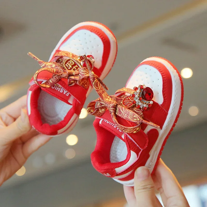 

Boys & Girls New Fashion Sneakers Spring Autumn Lightweight Red Fu Character Festive Sports Walking Shoes