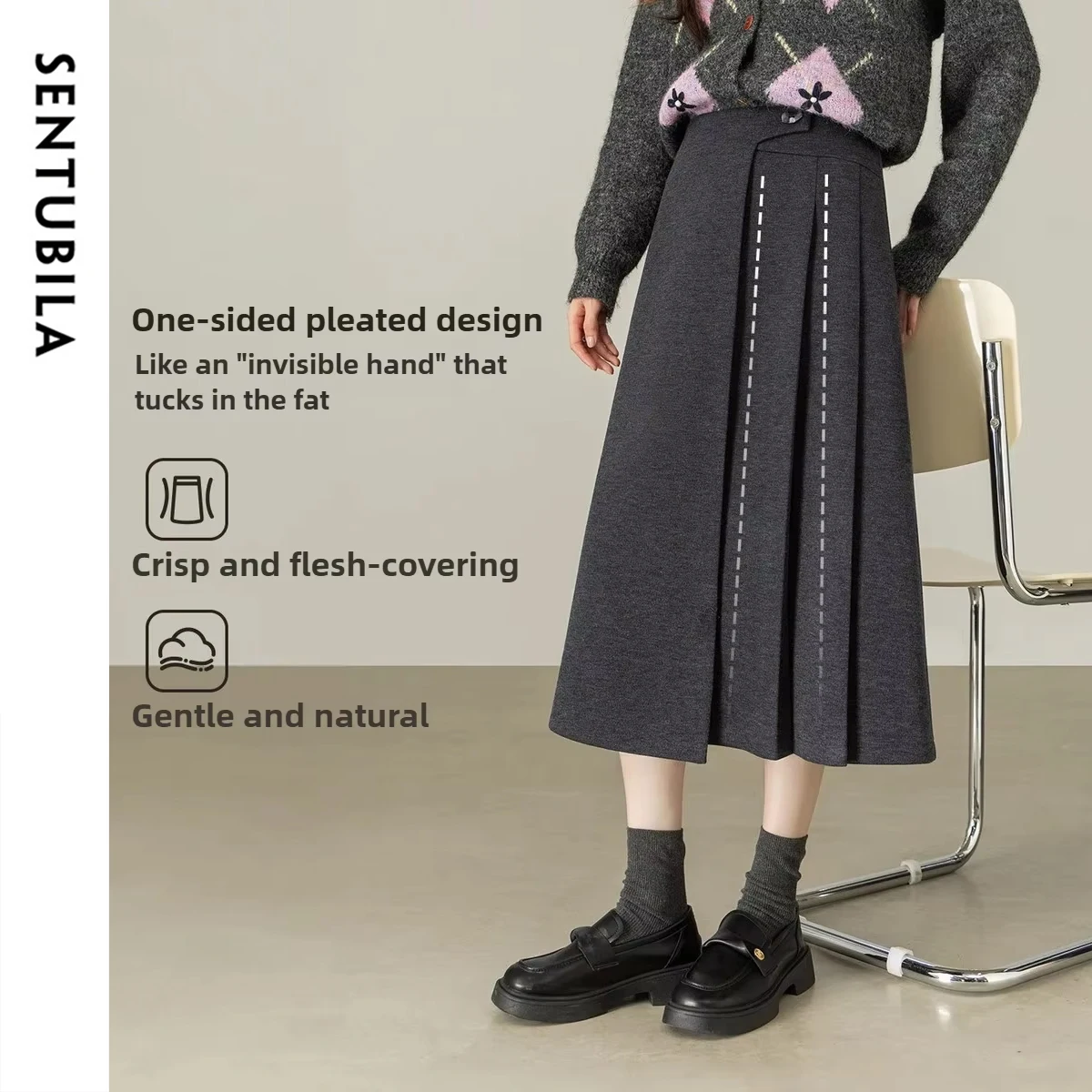 SENTUBILA Pleated Skirt 2026 New Winter Grey High Waist Office Wear Midi Skirt for Women Slimming Bottom Dress 154QB4852