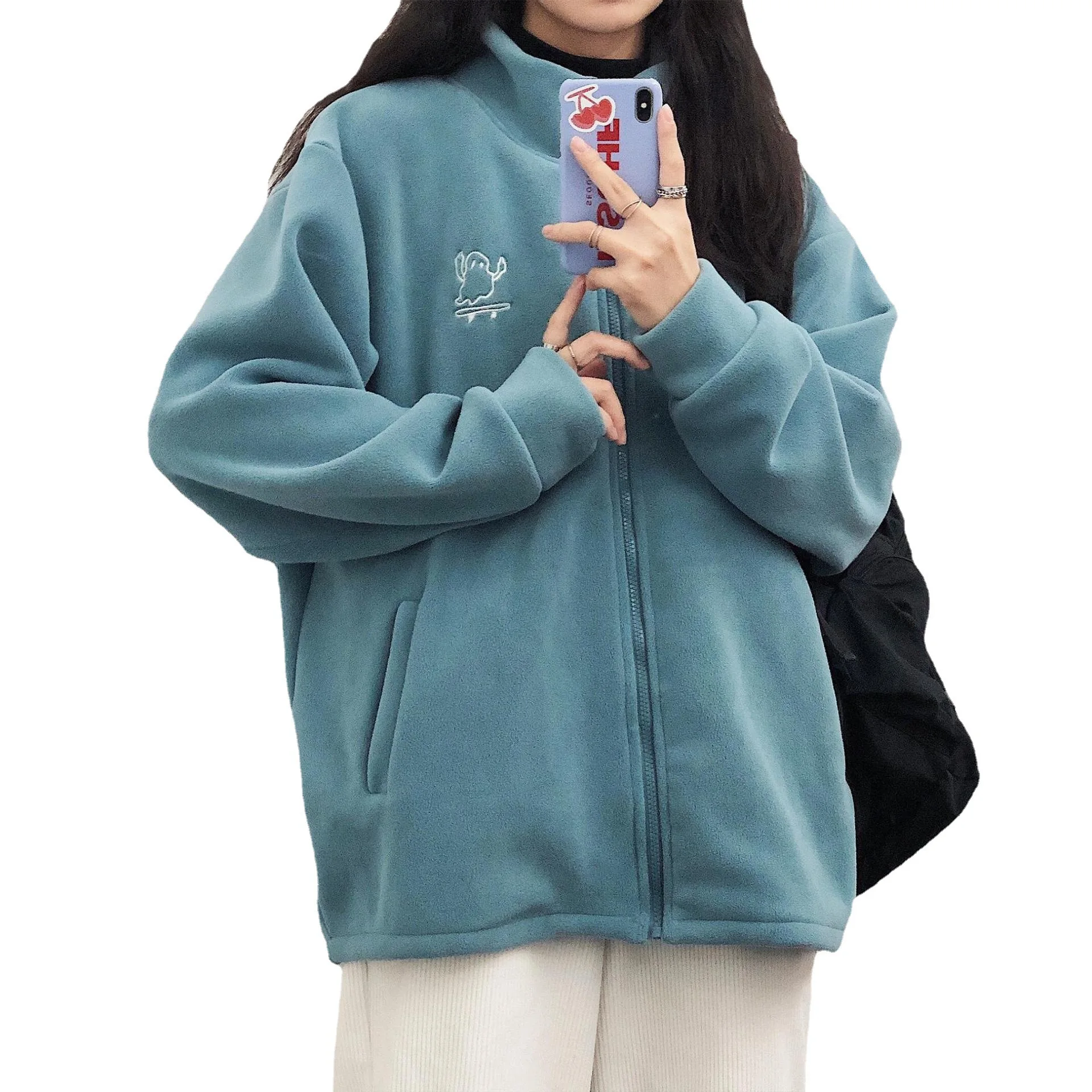 Korean Fashion Fleece Jacket Women Stand Collar Zipper Autumn Winter Fashion Jacket