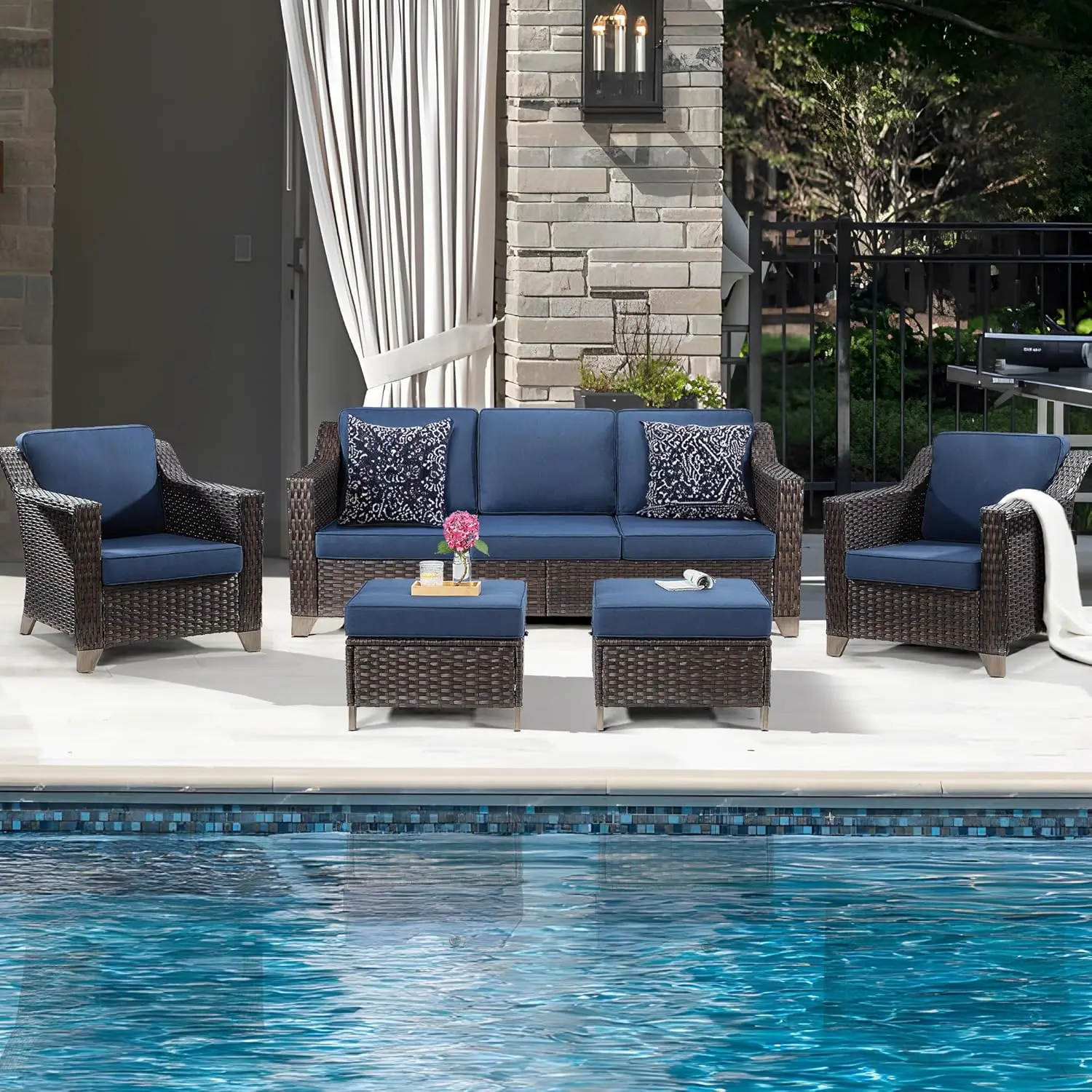 Patio Furniture Set All Weather Outdoor with High Back Wicker Rattan Sofa Couch, Two Armchairs and Two Ottomans