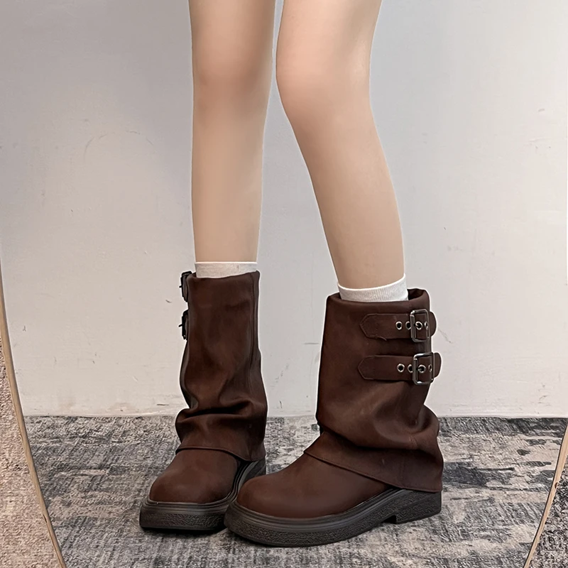 

2025 High Quality Winter New Women's Fashionable and Versatile Round Toe Buckle Mid-heeled Women's High Boots
