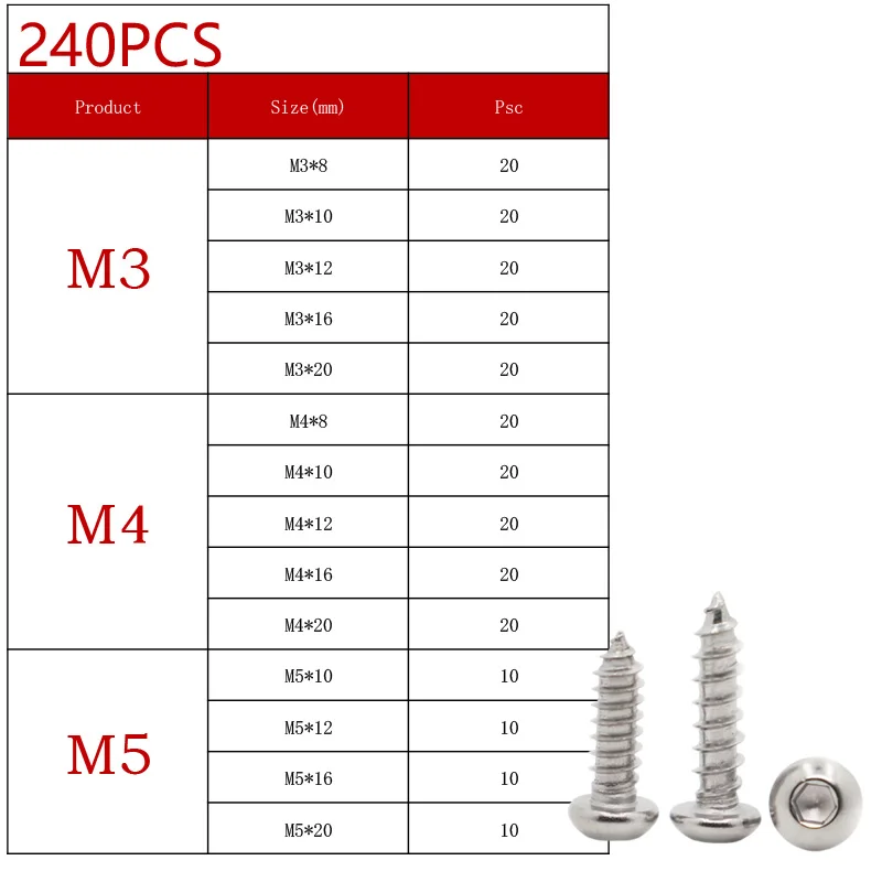 Kit M2 M2,5 M3 M4 M5 M6 304 Edelstahl runder Flachkopf Innensechskant selbstschneidende Schrauben Holzschrauben Set 70–630 Stück – Detail 5