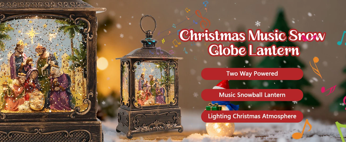 Рождественский музыкальный фонарь с двусторонним питанием, снежный шар с батарейкой/USB и успокаивающими мелодиями для дома, спальни и праздничного подарка
