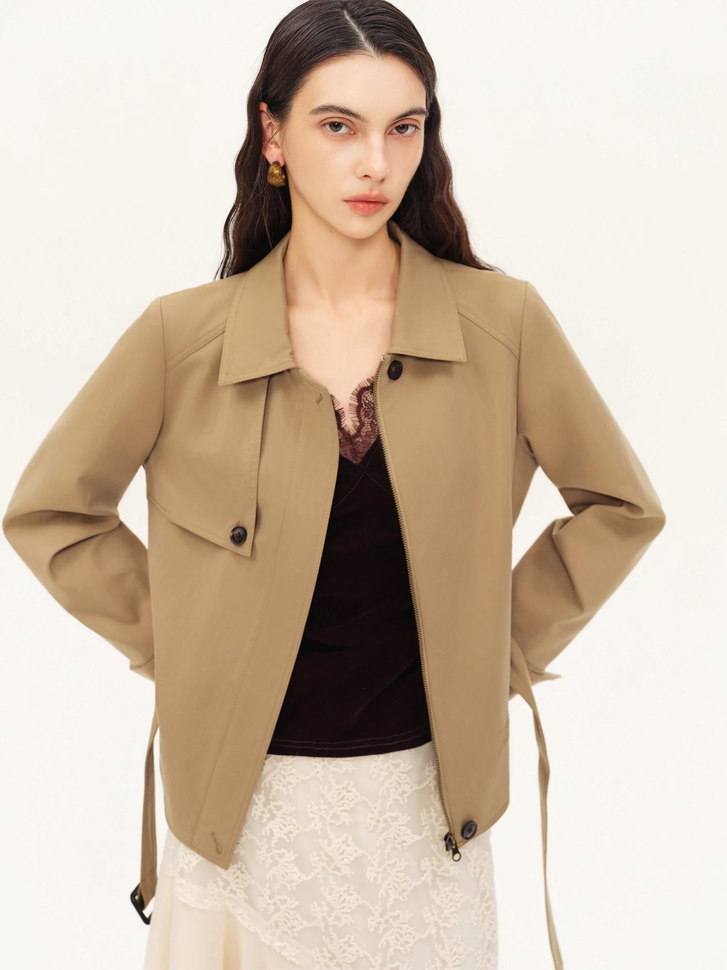 ZIQIAO Women's 2026 Autumn New Short Trench Coat Stand Collar Double Breasted Design Defined Waist Regular Shoulder Outerwear