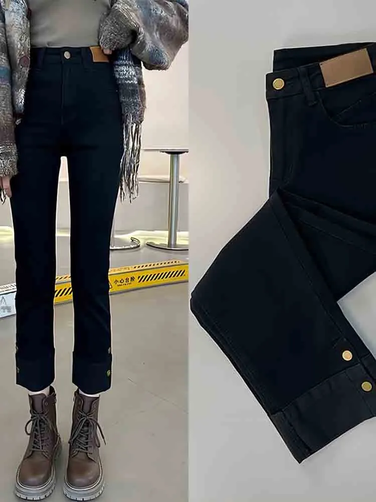 جينز Bla Fce مبطن بأرجل مستقيمة للنساء لخريف وشتاء مقاس كبير بخصر عالٍ للتنحيف بطول الكاحل لجسم الكمثرى...